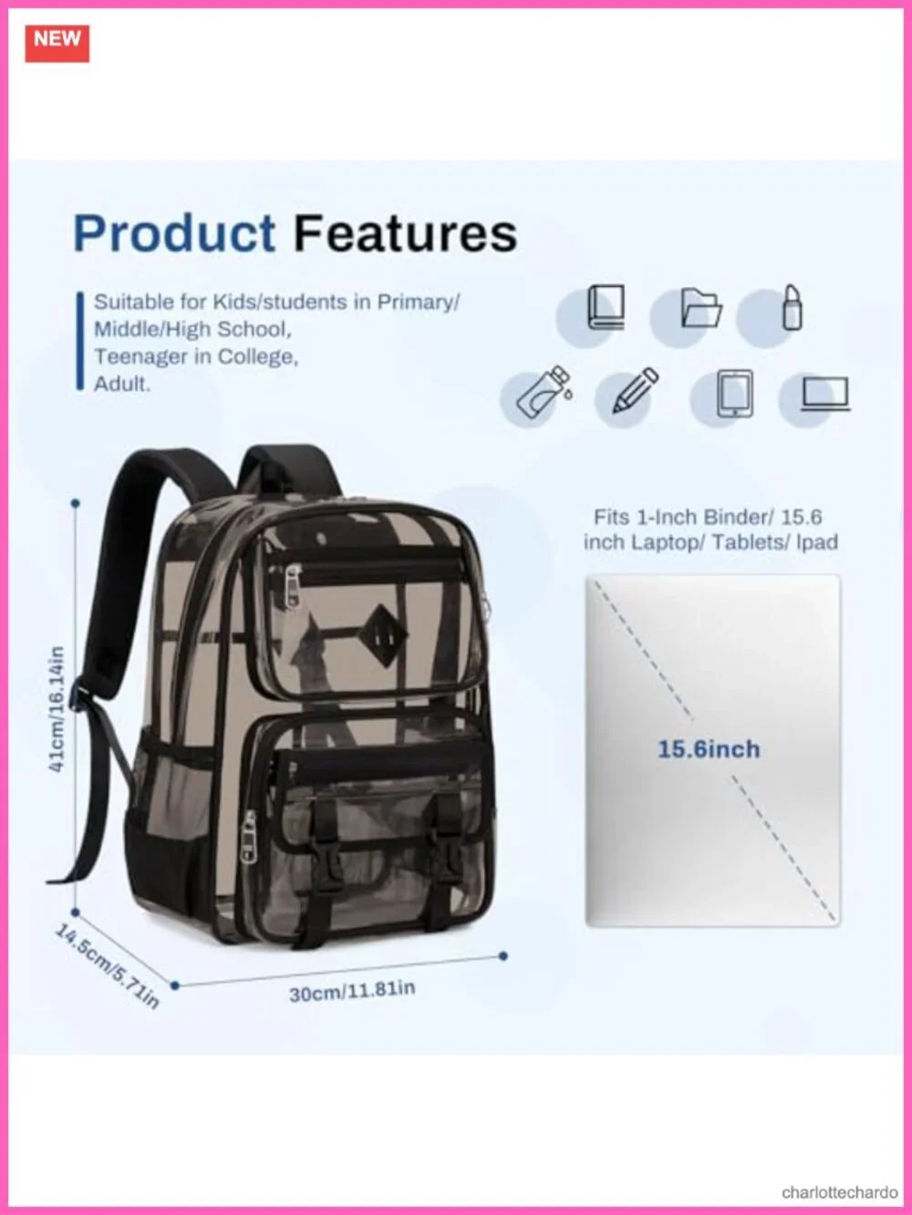 Clear PVC Backpack for School Stadium Events Heavy Duty Transparent See Through